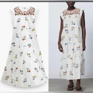 Zara White Floral Embroidery Cotton Tiered Midi Dress Sz XS